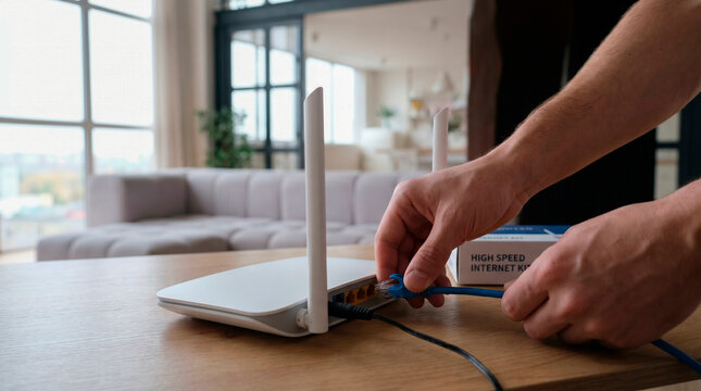 Hands connecting ethernet cable to wifi router on wooden table