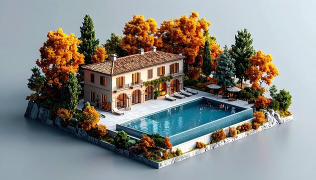 Charming Italian villa with a swimming pool and autumn foliage, tranquil vacation scene, luxury travel and relaxation, idyllic countryside estate, serene outdoor living, warm seasonal colors