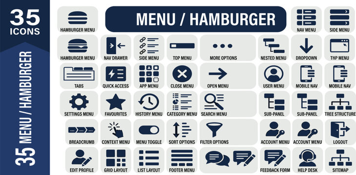 Comprehensive collection of 35 modern flat design icons for menu navigation and essential user interface elements, ideal for web and mobile app development projects