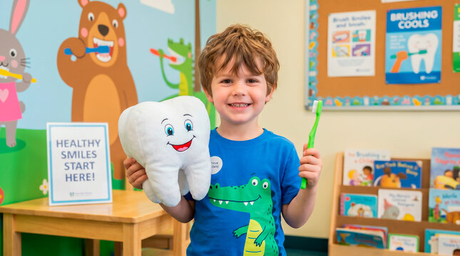 Boy holding a stuffed tooth and toothbrush.
