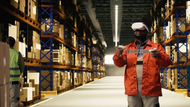Black worker practices parcel scanning in VR environment with headset and gadgets, 3D simulation replicates cargo preparation and shipping operations. High tech busy distribution center.