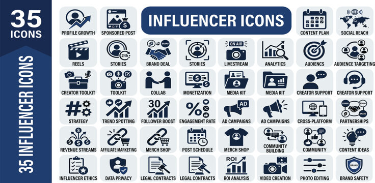 Collection of 35 Influencer Icons for Social Media Marketing and Digital Content Creation Tools