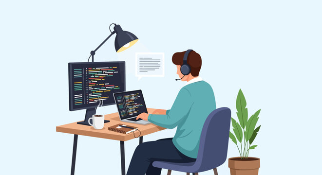 Software Developer Working on Laptop Computer Programming Code at Desk in Modern Office Workspace, Professional Programmer Writing Script and Debugging Software Application