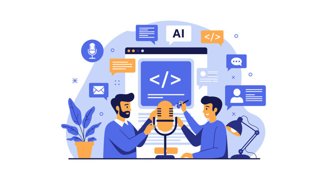 Professional software developer building a voice assistant application, featuring digital audio waveforms, programming code on monitors, and smart speaker technology in a vector illustration.