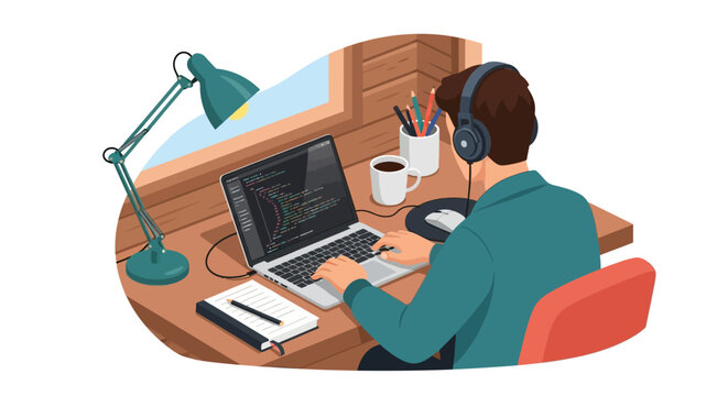Professional software engineer analyzing complex computer code on a laptop screen for debugging and programming tasks in a flat modern vector illustration style.