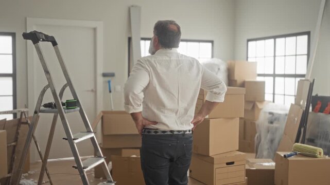 Man with hands on hips faces stacked moving boxes and a ladder inside a building under renovation; quiet contemplation.