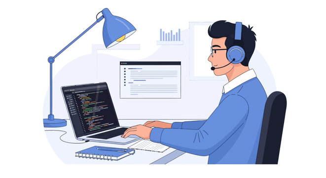 Vector illustration of two software developers discussing project details at a desk with a laptop and computer monitors showing code in a modern office interior setting.