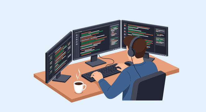 Vector illustration of a software developer working on computer code at a desk with multiple monitors. Programmer sitting in a dark office with digital data and glowing displays.