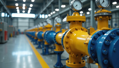 Obraz premium Industrial pipeline assembly with gauges in a factory. Yellow and blue pipes connect with pressure sensors. System is ready for production or maintenance. Energy sector infrastructure.