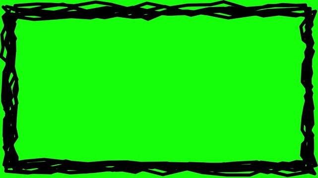 Hand Drawn Black Scribble Border on Green Screen Background, Grungy Rectangular Frame for Video Editing, Chroma Key Overlay for Social Media in 4K