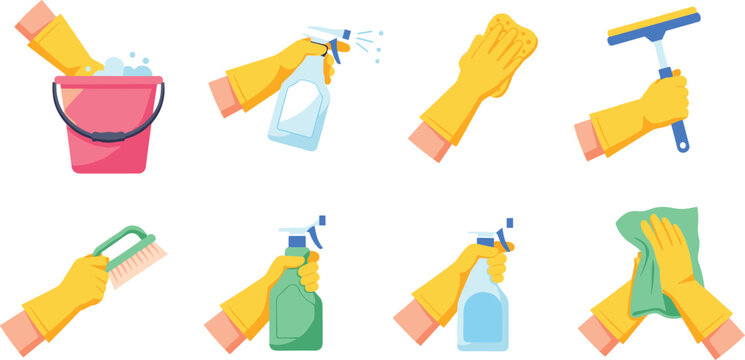 Professional Cleaning Service Vector Icon Set Featuring Hands in Yellow Gloves with Spray Bottles, Squeegee, Scrubber Brush, Bucket, and Microfiber Cleaning Cloths