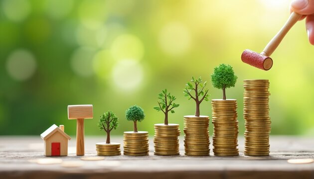 Miniature trees grow on stacks of gold coins. A small house and hammer sit nearby. Hand prepares to strike stack of coins with small hammer against blurred green background.