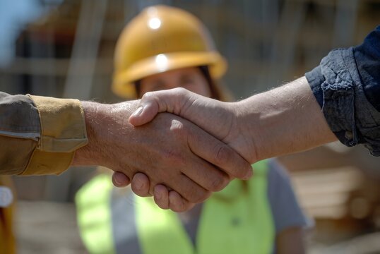 Close up of a handshake between two people at a construction site, with a smiling female worker in a hard hat and safety vest in the background