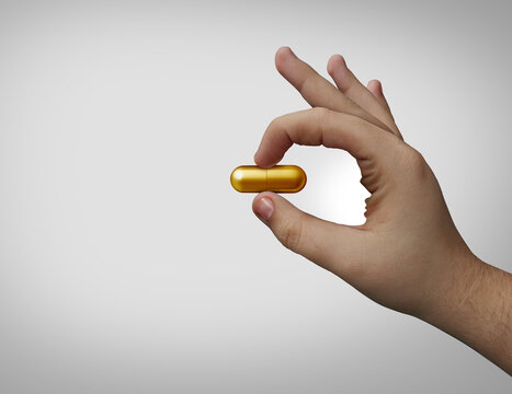 Arginine And Amyloid Deposition supplement as memory supplements or psychotropic medications as a hand shaped as a human hand holding a pill representing the suppression of  development of Amyloid in 