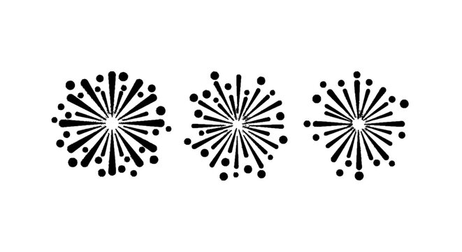 Minimal black silhouette icon, simple flat vector, bold black shape, no, no shading three black firework burst icons on a, flat icon style