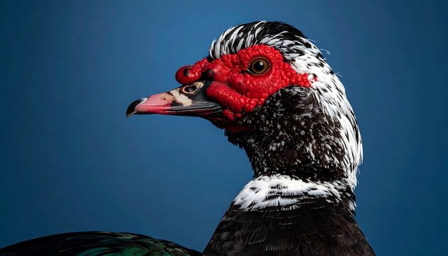 Close-up profile of a muscovy duck with distinctive red facial caruncles and textured black and white plumage against a deep blue background, natural fowl portrait