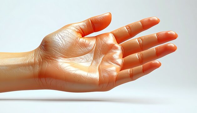 Close up of a glistening, oily human hand with visible pores and skin texture, palm facing upward on a clean, light gray background