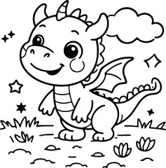 Fototapeta premium Small baby dragon flying with tiny wings near a soft cloud cute magical animal character for kids coloring pages and educational fantasy craft projects