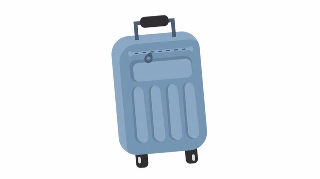 Blue travel suitcase on wheels cartoon animation. Modern rolling luggage bag isolated on the alpha channel in flat design style for adventure trip and vacation element concept.