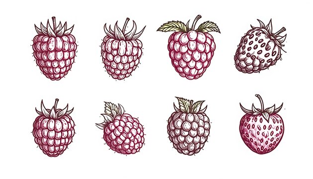 collection of hand drawn raspberries and strawberries, sketchy fruit illustrations, natural food elements for healthy eating or organic design