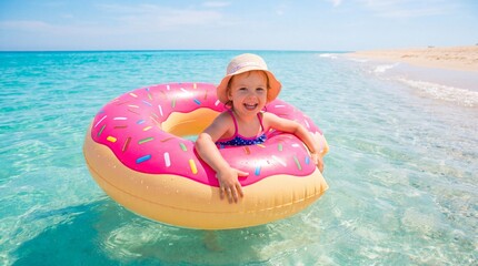 Smiling toddler in donut float enjoys a sunny day at the beach, symbolizing carefree childhood and summer leisure.