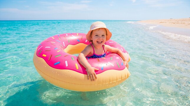 Smiling toddler in donut float enjoys a sunny day at the beach, symbolizing carefree childhood and summer leisure.