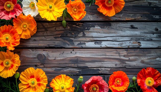 Colorful poppy flowers border frame on a rustic dark wooden plank background, spring floral arrangement, vibrant nature detail