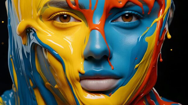 Different frames show a person's face covered in yellow and blue paint. Hands interact with the paint as the colors blend and create interesting patterns.