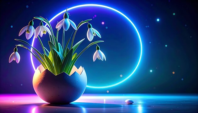 Delicate snowdrop flowers in a cracked eggshell vase glowing neon, spring rebirth concept, vibrant neon circle, dark background, bokeh lights