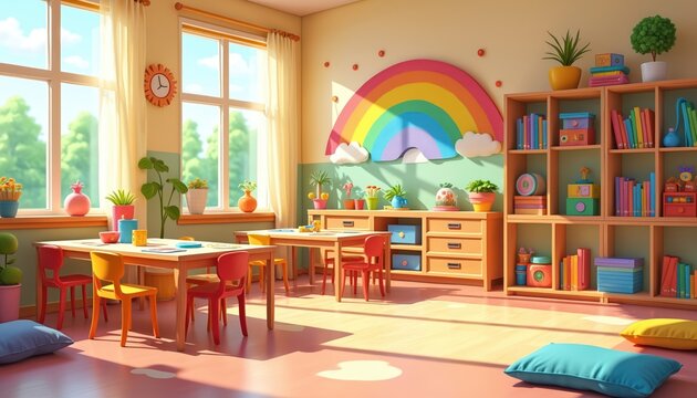 Sunny preschool room with rainbow decor has small tables chairs for kids. Shelves hold colorful books toys. Windows let in bright daylight. Children learn play in cheerful kindergarten.