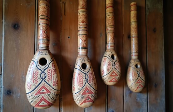 Four traditional sape musical instruments hang on wooden wall. Instruments feature intricate hand-painted tribal patterns in red, black. Sape unique size, design, cultural artistry, craftsmanship.