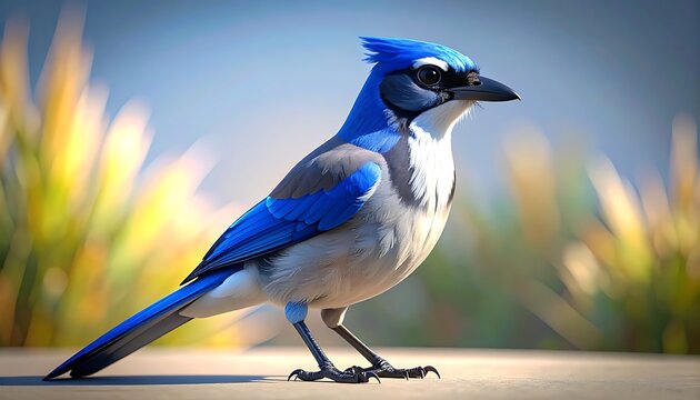 Detailed blue jay bird perched on a surface, with soft focus foliage and sky background, vibrant colors