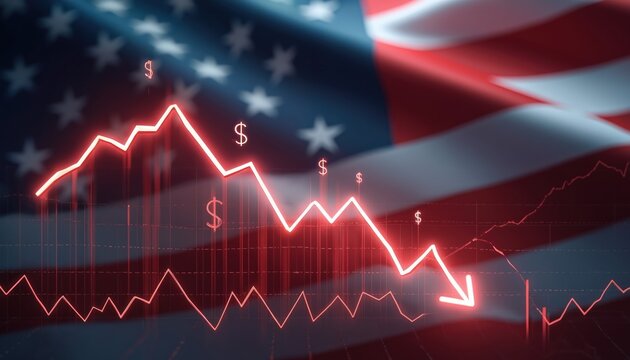 Red downward trend graph on US flag background. Falling stock market, economic recession, financial crisis. Dollar signs indicate monetary loss and budget deficit.