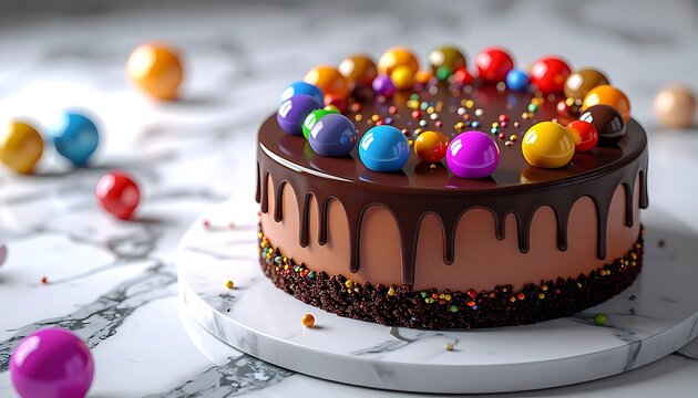 Decadent chocolate cake adorned with colorful candy balls and sprinkles, dripping with rich chocolate ganache, perfect for celebrations and birthdays