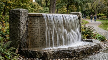 Obraz premium Memorial stone fountain flowing with water in park setting