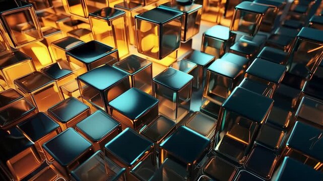 Bright glass cubes fill the space as light reflects off their surfaces. Warm colors mix with cool tones, creating a vibrant and dynamic setting that draws attention.