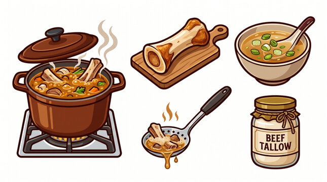 Illustrations of a hearty beef bone broth soup, beef tallow, and ingredients for a nutritious homemade meal