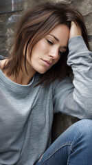 Obraz premium Pensive caucasian young adult female sitting against wall in casual attire - concept of mental health awareness for counseling centers and wellness programs