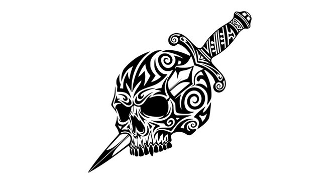 Tribal Skull with Dagger Tattoo Design