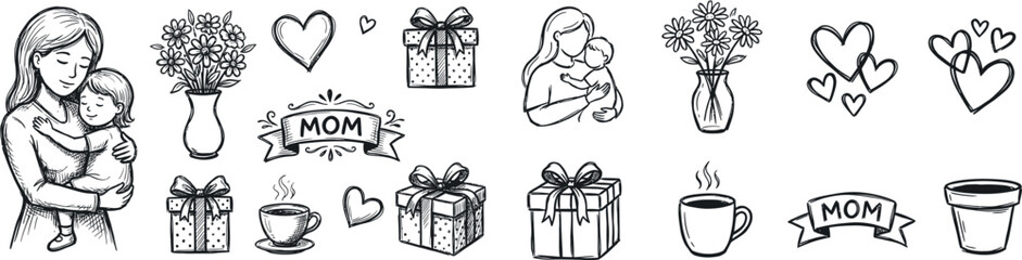 Hand drawn Mother's Day icon set featuring sketch style illustrations of a mother hugging her baby, floral bouquets, gift boxes, and hearts. © FreelancerHasin