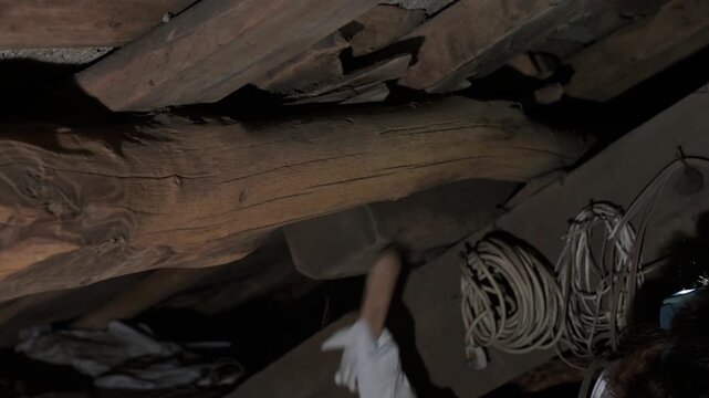 Carpenter inspecting woodworm infested wooden ceiling beams