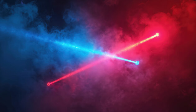 Red and blue laser beams cross in dark smoky atmosphere. Abstract lights glow, creating vibrant energy effect. Futuristic nightclub background, no people, light show.