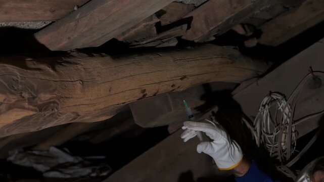 Restorer injecting pesticide into woodworm infested beam