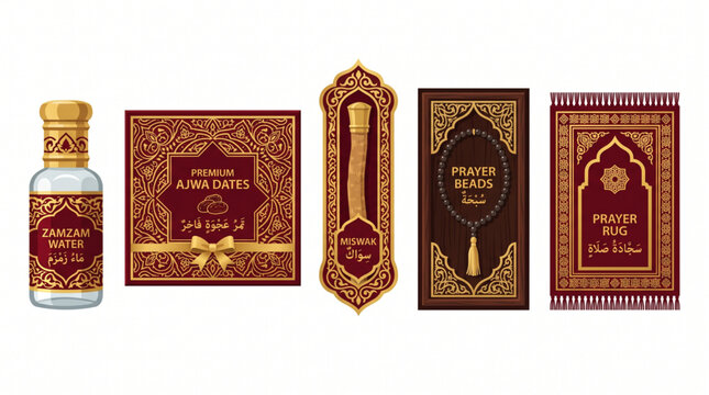 Exquisite collection of traditional Islamic items for devotion, featuring Zamzam water, premium dates, prayer beads, and ornate prayer rugs