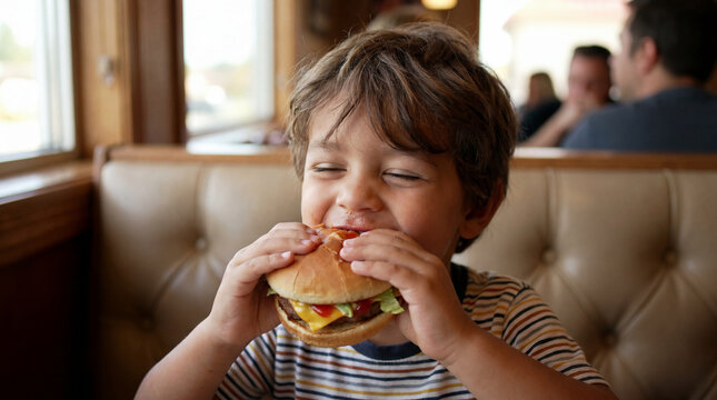 National Hamburger Day toddler boy eating burger with eyes closed enjoying taste for children food advertising restaurant menu family dining lifestyle content design materials