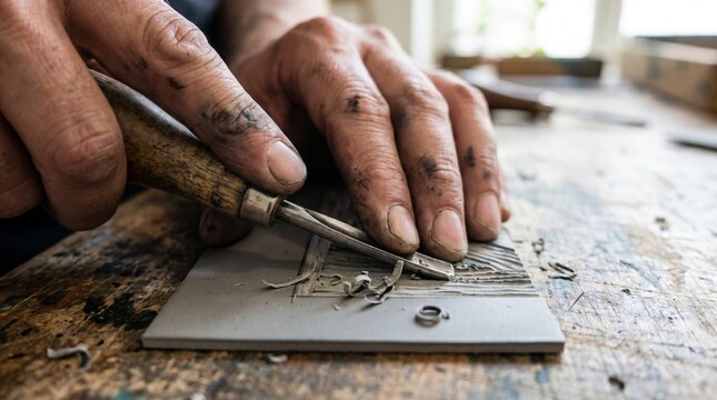 Close up of artist hands carving a linoleum block with a gouge tool, process of creating a linocut print, traditional printmaking craft