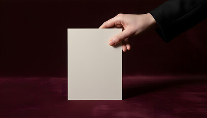Fototapeta premium Hand Holding Blank White Card Against Dark Background