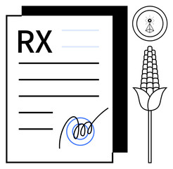 Fototapeta premium Medicine, agriculture, healthcare, prescription management, regulatory compliance, natural remedies. Prescription with visible RX mark, signature corn symbol and abstract motif. Medicine