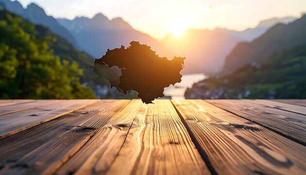 Floating map silhouette of Switzerland over a wooden table with a scenic mountain lake sunrise backdrop, travel and geography concept