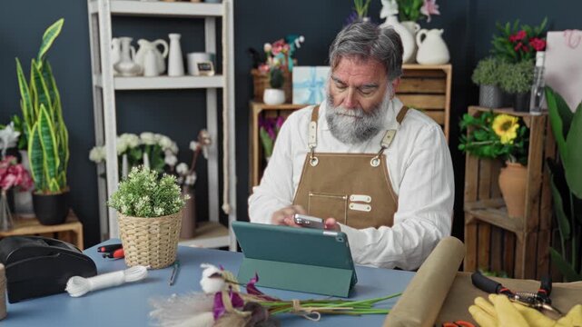 Man florist in studio wearing apron holds tablet and scrolls touchscreen while seated at workbench with flowers and tools; thoughtful calm.
